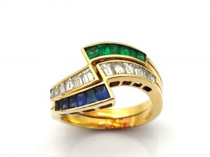 Anillo Oro 18k Con Aguamarina,Circonita,Esmeralda